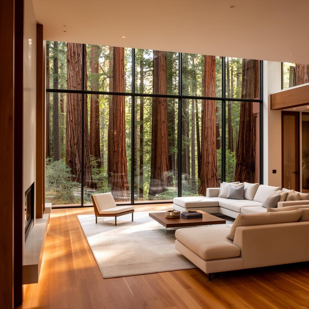 Redwood Respite — interior with floor to ceiling windows facing redwood forest
